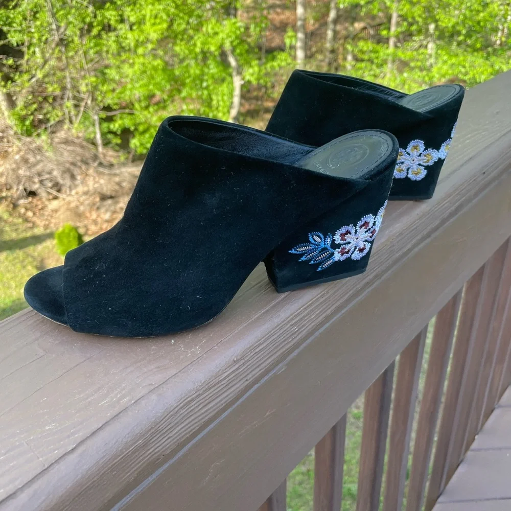 Tory Burch Black Embroidered Suede Mule Sandals Size 9